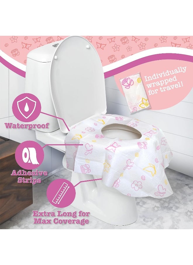 Potty Shields Toilet Seat Covers Disposable (12 Pack, Floral) - XL Waterproof Toilet Cover for Toddlers, Kids & Adults - Portable & Individually Wrapped for Travel, Potty Training & Public Restrooms
