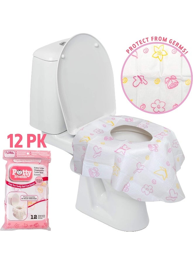 Potty Shields Toilet Seat Covers Disposable (12 Pack, Floral) - XL Waterproof Toilet Cover for Toddlers, Kids & Adults - Portable & Individually Wrapped for Travel, Potty Training & Public Restrooms