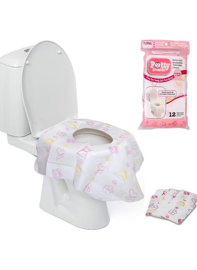 Potty Shields Toilet Seat Covers Disposable (12 Pack, Floral) - XL Waterproof Toilet Cover for Toddlers, Kids & Adults - Portable & Individually Wrapped for Travel, Potty Training & Public Restrooms