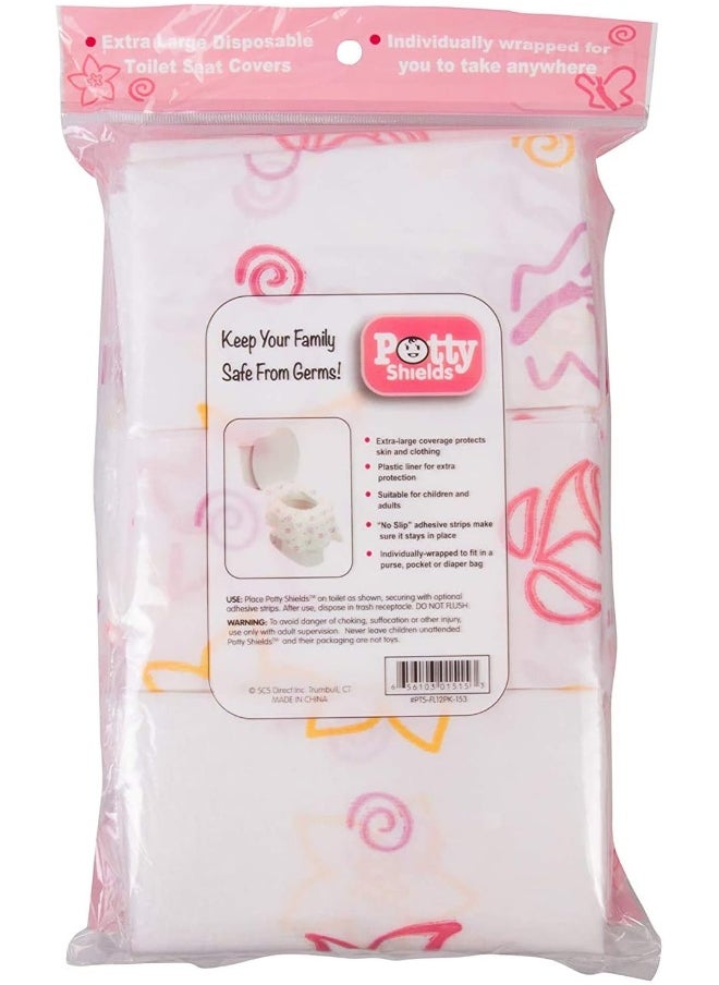 Potty Shields Toilet Seat Covers Disposable (12 Pack, Floral) - XL Waterproof Toilet Cover for Toddlers, Kids & Adults - Portable & Individually Wrapped for Travel, Potty Training & Public Restrooms