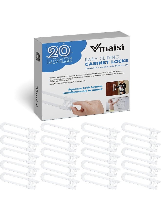 vmaisi 20 Pack U Shaped Sliding Cabinet Locks Baby Proofing - Adjustable Child Safety Locks, Childproof Latches for Kitchen Bathroom Storage Cupboards Doors, Handles and Knobs White
