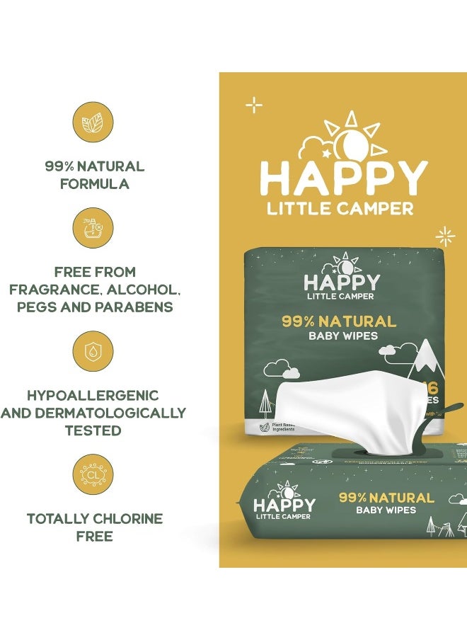 Happy Little Camper Natural Cotton Baby Wipes with Organic Aloe Vera and Natural Vitamin E, Chlorine-Free, Unscented Wet Wipes, Hypoallergenic, Gentle on Sensitive Skin, 864 Count