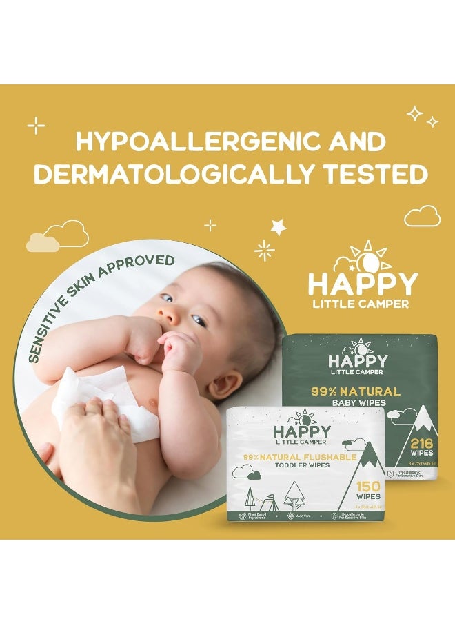 Happy Little Camper Natural Cotton Baby Wipes with Organic Aloe Vera and Natural Vitamin E, Chlorine-Free, Unscented Wet Wipes, Hypoallergenic, Gentle on Sensitive Skin, 864 Count