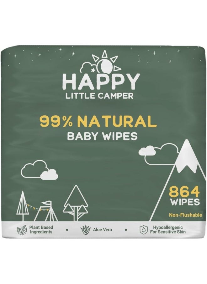Happy Little Camper Natural Cotton Baby Wipes with Organic Aloe Vera and Natural Vitamin E, Chlorine-Free, Unscented Wet Wipes, Hypoallergenic, Gentle on Sensitive Skin, 864 Count