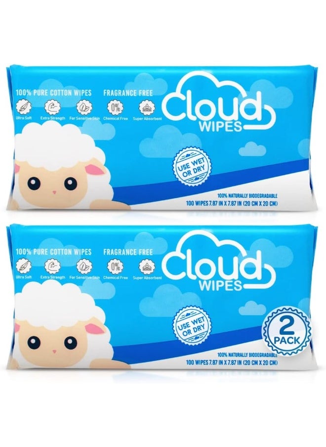 Cloud Wipes Pure Dry Cotton Baby Wipes Soft Durable Unscented Cloth Tissue for Sensitive Skin (2-Pack 200 Count)