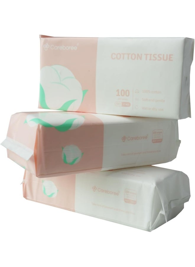 Careboree 300 Count Ultra Soft Dry Baby Wipes Unscented Multi-Purpose Pure Cotton Tissue (3 PACK-300 count)