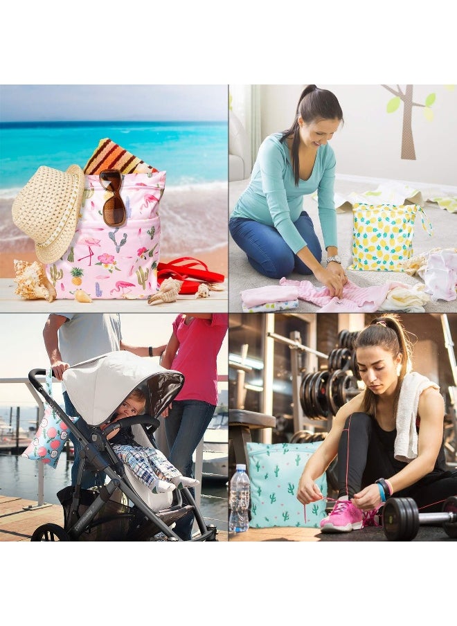 R HORSE 5Pcs Waterproof Reusable Wet Bag Diaper Baby Cloth Diaper Summer Wet Dry Bags with 2 Zippered Pockets Travel Beach Pool Bag with Pineapple Flamingo Cactus Pattern(3 Sizes)