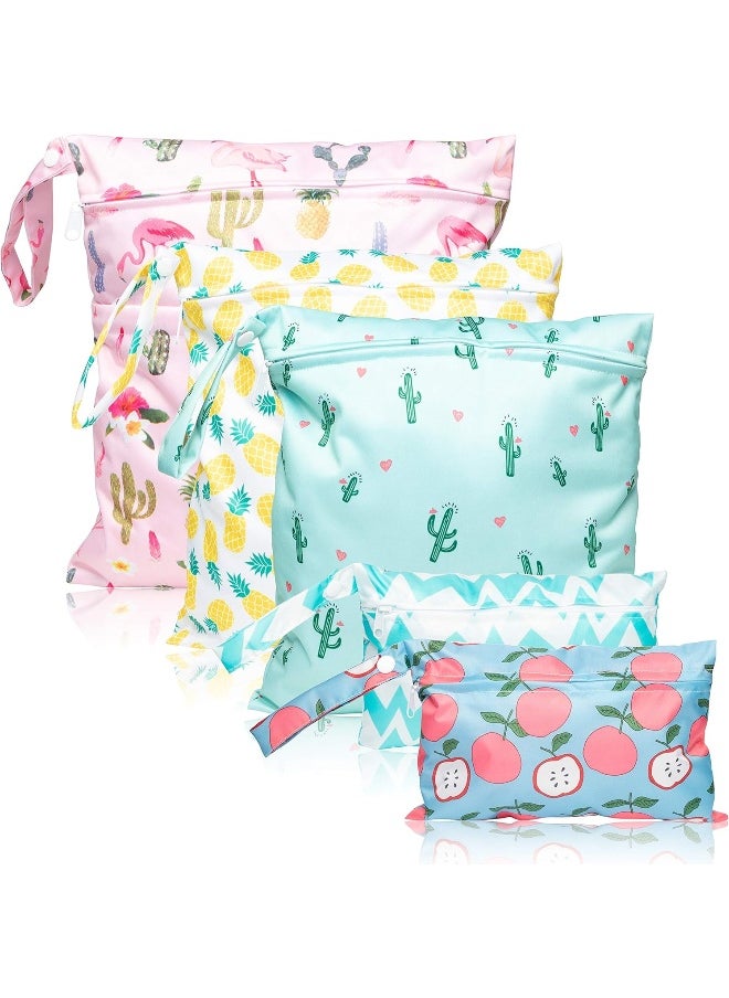 R HORSE 5Pcs Waterproof Reusable Wet Bag Diaper Baby Cloth Diaper Summer Wet Dry Bags with 2 Zippered Pockets Travel Beach Pool Bag with Pineapple Flamingo Cactus Pattern(3 Sizes)