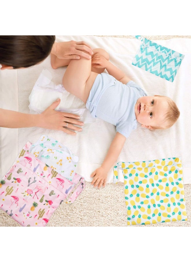R HORSE 5Pcs Waterproof Reusable Wet Bag Diaper Baby Cloth Diaper Summer Wet Dry Bags with 2 Zippered Pockets Travel Beach Pool Bag with Pineapple Flamingo Cactus Pattern(3 Sizes)