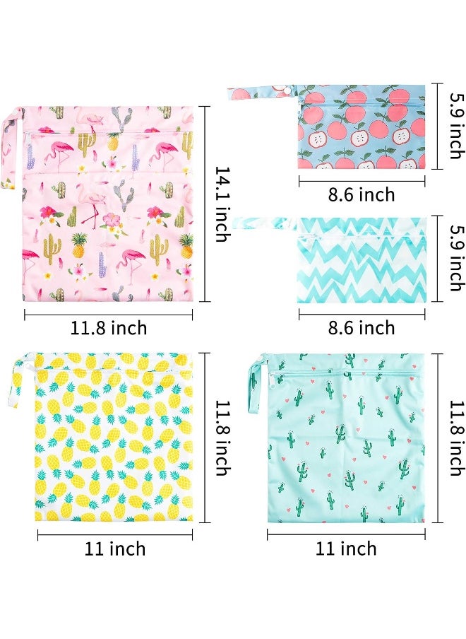 R HORSE 5Pcs Waterproof Reusable Wet Bag Diaper Baby Cloth Diaper Summer Wet Dry Bags with 2 Zippered Pockets Travel Beach Pool Bag with Pineapple Flamingo Cactus Pattern(3 Sizes)
