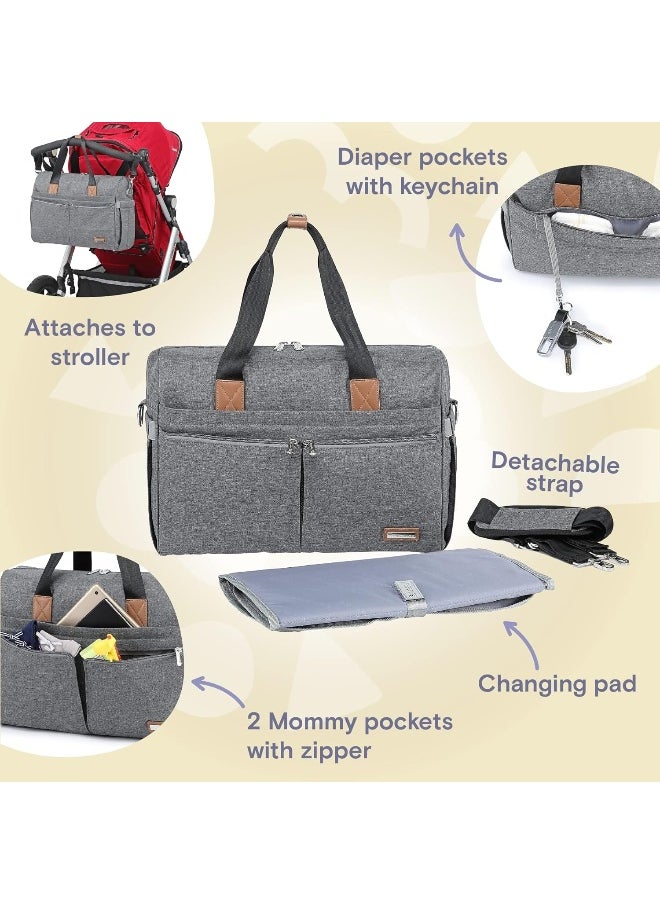 RUVALINO Diaper Bag, Large Travel Diaper Tote Multifunction for Mom and Dad Convertible Baby Bag for Boys and Girls with Changing Pad, Insulated Pockets