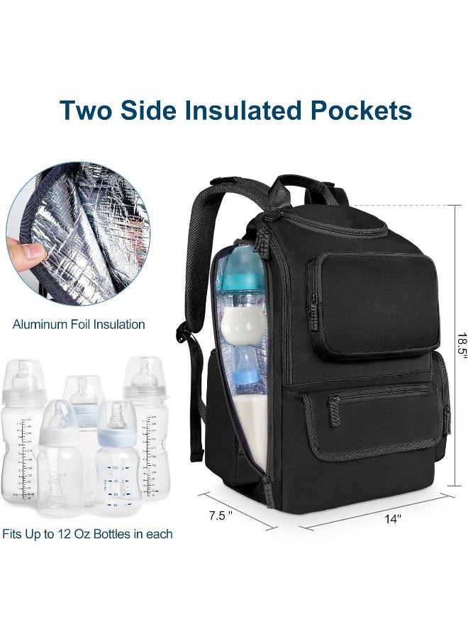 Mancro Baby Changing Bags Backpack with 2 Insulated Pocket for Feeding Bottles, Travel Nappy Bags Rucksack with Stroller Clips, Wide Open Compartment Multifunctional Diaper Baby Bag for Mom Dad, Black