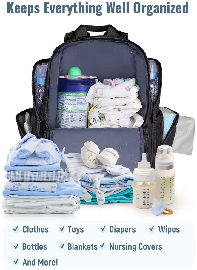 Mancro Baby Changing Bags Backpack with 2 Insulated Pocket for Feeding Bottles, Travel Nappy Bags Rucksack with Stroller Clips, Wide Open Compartment Multifunctional Diaper Baby Bag for Mom Dad, Black