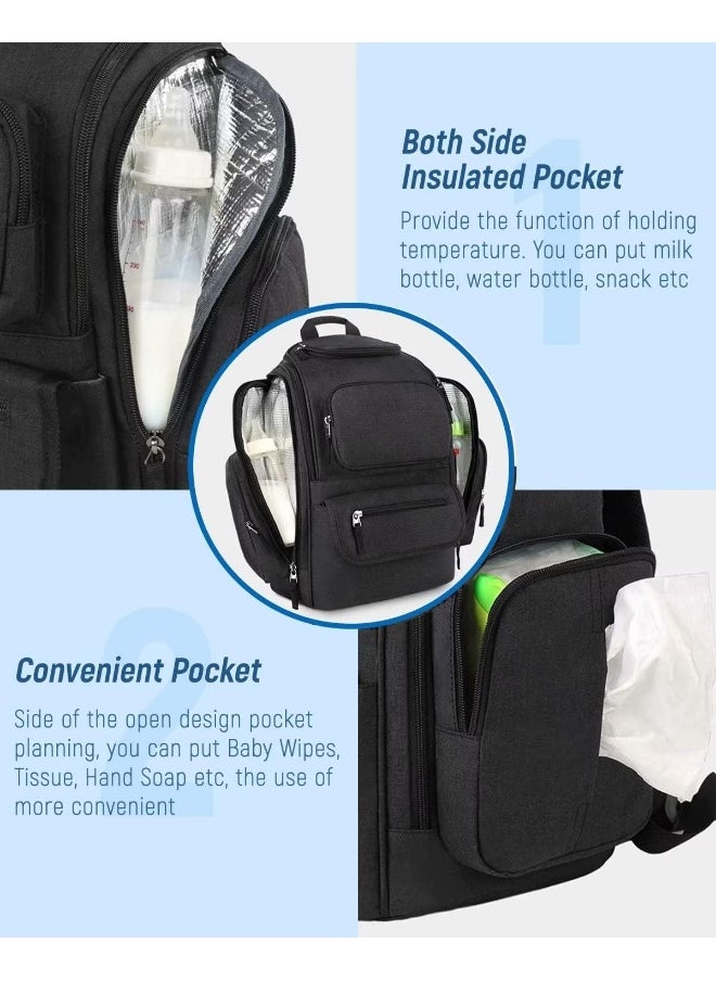 Mancro Baby Changing Bags Backpack with 2 Insulated Pocket for Feeding Bottles, Travel Nappy Bags Rucksack with Stroller Clips, Wide Open Compartment Multifunctional Diaper Baby Bag for Mom Dad, Black