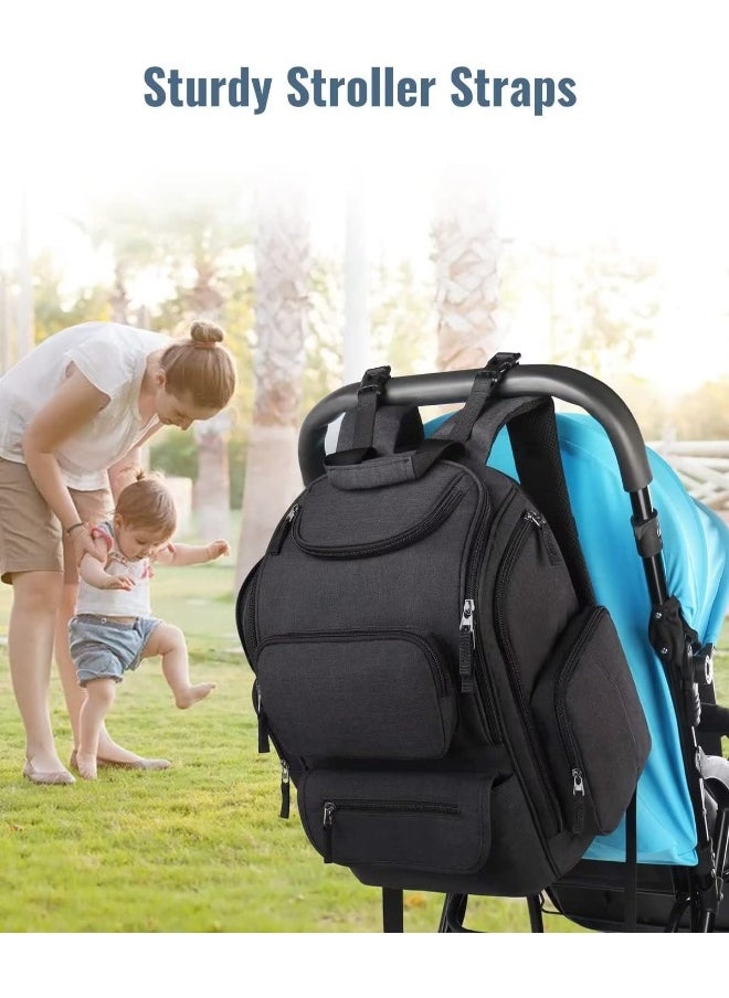 Mancro Baby Changing Bags Backpack with 2 Insulated Pocket for Feeding Bottles, Travel Nappy Bags Rucksack with Stroller Clips, Wide Open Compartment Multifunctional Diaper Baby Bag for Mom Dad, Black