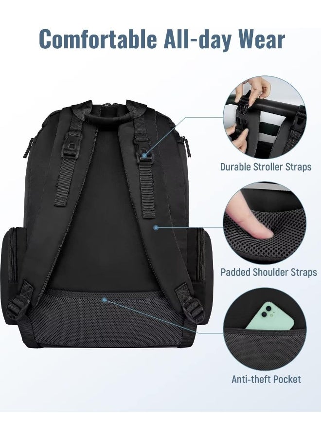 Mancro Baby Changing Bags Backpack with 2 Insulated Pocket for Feeding Bottles, Travel Nappy Bags Rucksack with Stroller Clips, Wide Open Compartment Multifunctional Diaper Baby Bag for Mom Dad, Black
