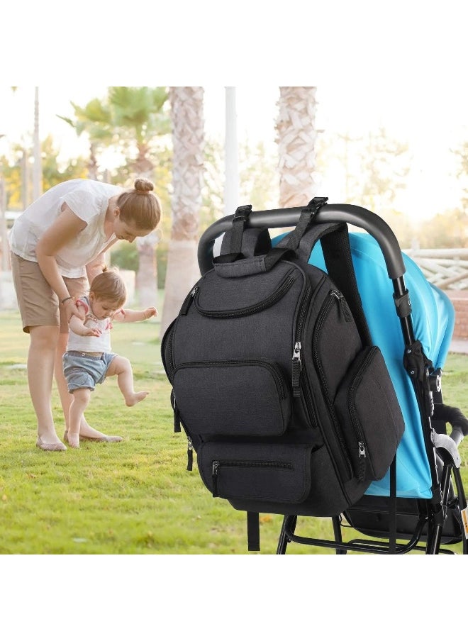 Mancro Baby Changing Bags Backpack with 2 Insulated Pocket for Feeding Bottles, Travel Nappy Bags Rucksack with Stroller Clips, Wide Open Compartment Multifunctional Diaper Baby Bag for Mom Dad, Black