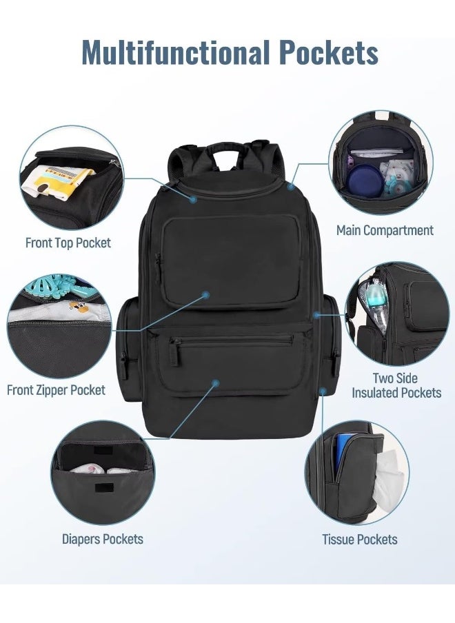 Mancro Baby Changing Bags Backpack with 2 Insulated Pocket for Feeding Bottles, Travel Nappy Bags Rucksack with Stroller Clips, Wide Open Compartment Multifunctional Diaper Baby Bag for Mom Dad, Black