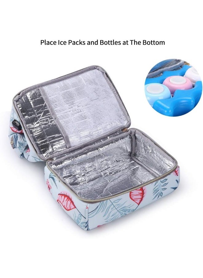 GOGOSO Breast Pump Bag with Cooler Pocket, Mini Pumping Bags for Working Mom Cooler Tote Bag Built-in USB Charging Pot for Phone Mother Diaper Bags -No Include ice Pack,White Leaf