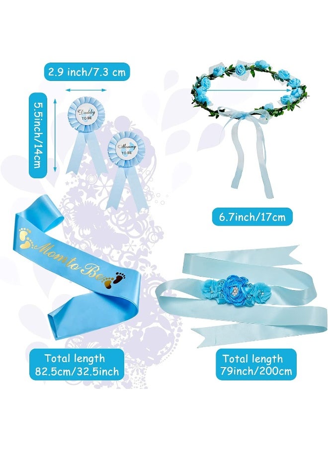 5 Pieces Baby Shower Maternity Sash Kit Mom to be Sash and Pin Daddy to be Corsages Flower Crown Pregnancy Sash Rose Wreath Headdress for Baby Shower Pregnancy Parents Prop Present Party Favor (Blue)