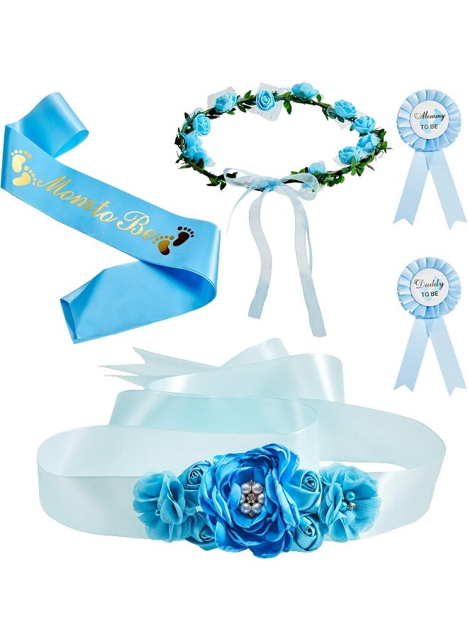 5 Pieces Baby Shower Maternity Sash Kit Mom to be Sash and Pin Daddy to be Corsages Flower Crown Pregnancy Sash Rose Wreath Headdress for Baby Shower Pregnancy Parents Prop Present Party Favor (Blue)