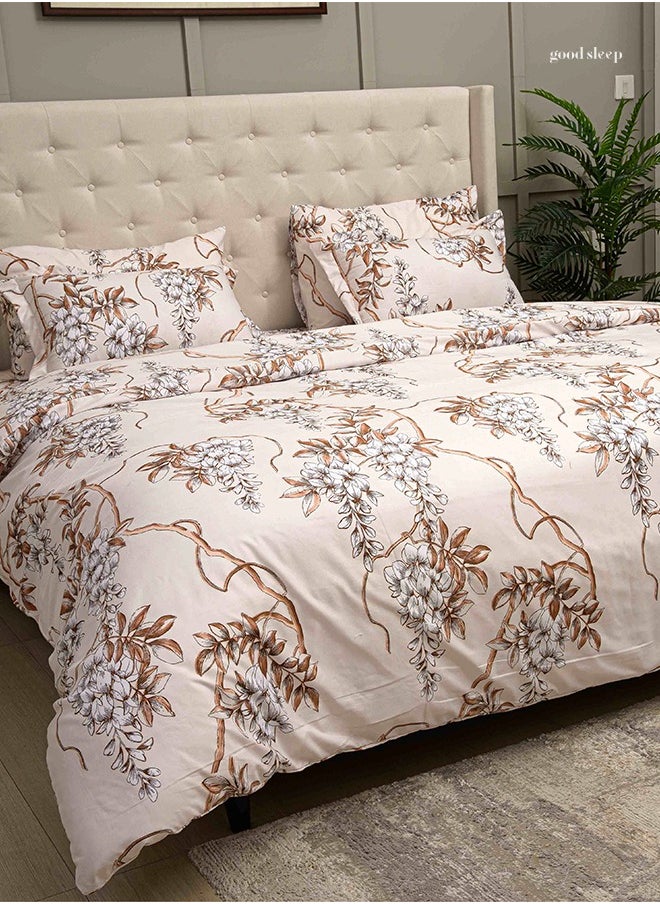 Designer Duvet Set (6-Piece) Beige Floral King Size (220x240 cm),Premium Fabric,Breathable & Elegant|Includes 1 Duvet Cover,1 Fitted Bedsheet & 4 Pillow Covers with Zipper Closures