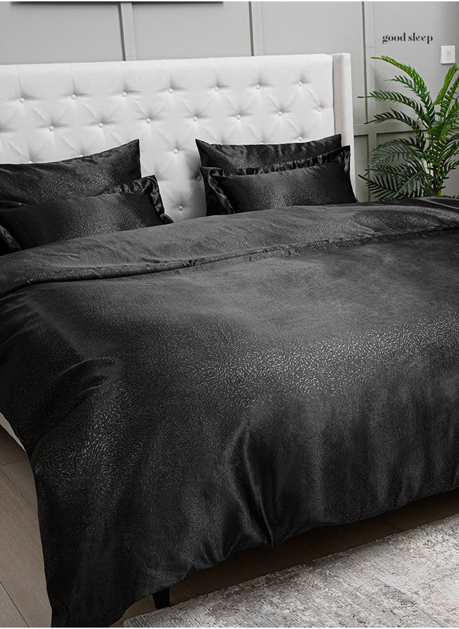 Royal Silk Duvet Set (6-Piece) Black King Size (220x240 cm),Sumptuously Smooth,Cooling & Skin-Friendly |Includes 1 Silk-Based Duvet Cover,1 Fitted Bedsheet & 4 Pillow Covers with Zipper