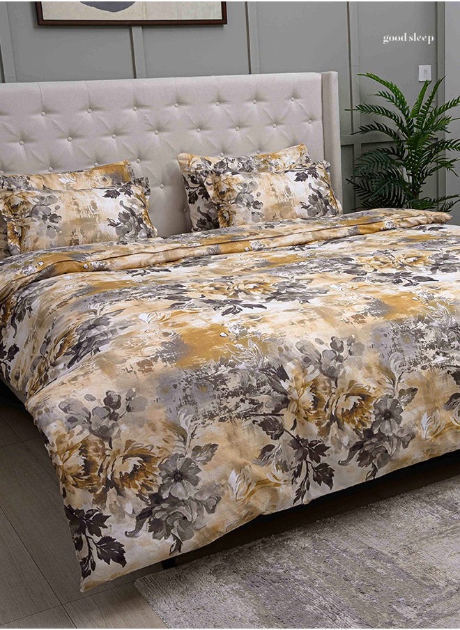 Designer Duvet Set (6-Piece) Yellow Floral King Size (220x240 cm), Premium Fabric, Breathable & Elegant | Includes 1 Duvet Cover, 1 Fitted Bedsheet & 4 Pillow Covers with Zipper Closures