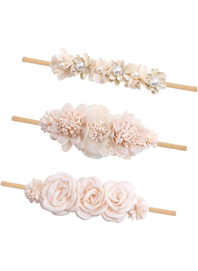 cherrboll 3pcs Baby Girl Flower Headbands, Super Soft & Stretchy Nylon Floral Hairbands for Newborn Toddler