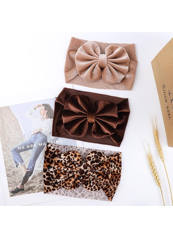 YanJie Baby Bows Velvet Baby Headbands, Soft Elastics Big Baby Bows Hair Accessories Leopard Newborn Bows Wide Head Wrap for Toddler Newborn Infants Kids