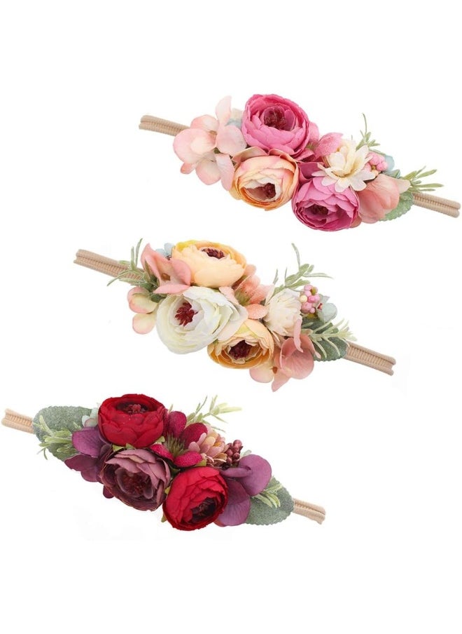 Baby Girl Bows Floral Headbands Set - 3pcs Flower Crown Elastic Hairband Newborn Toddler Hair Accessories Gifts for Girls