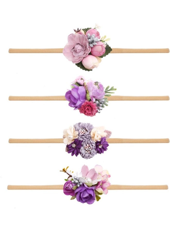 cherrboll 4pcs Baby Girl Headbands Flowers, Super Soft & Stretchy Nylon Floral Hairbands for Newborn Toddler