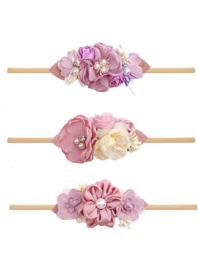 Baby Girl Bows Floral Headbands Set - 3pcs Flower Crown Elastic Hairband Newborn Toddler Hair Accessories Gifts for Girls