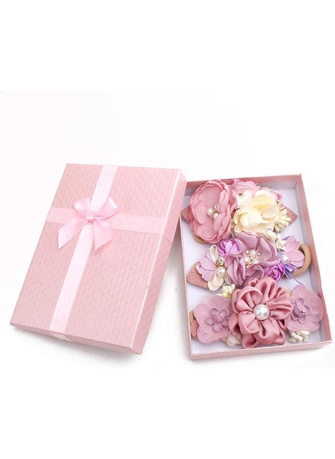 Baby Girl Bows Floral Headbands Set - 3pcs Flower Crown Elastic Hairband Newborn Toddler Hair Accessories Gifts for Girls