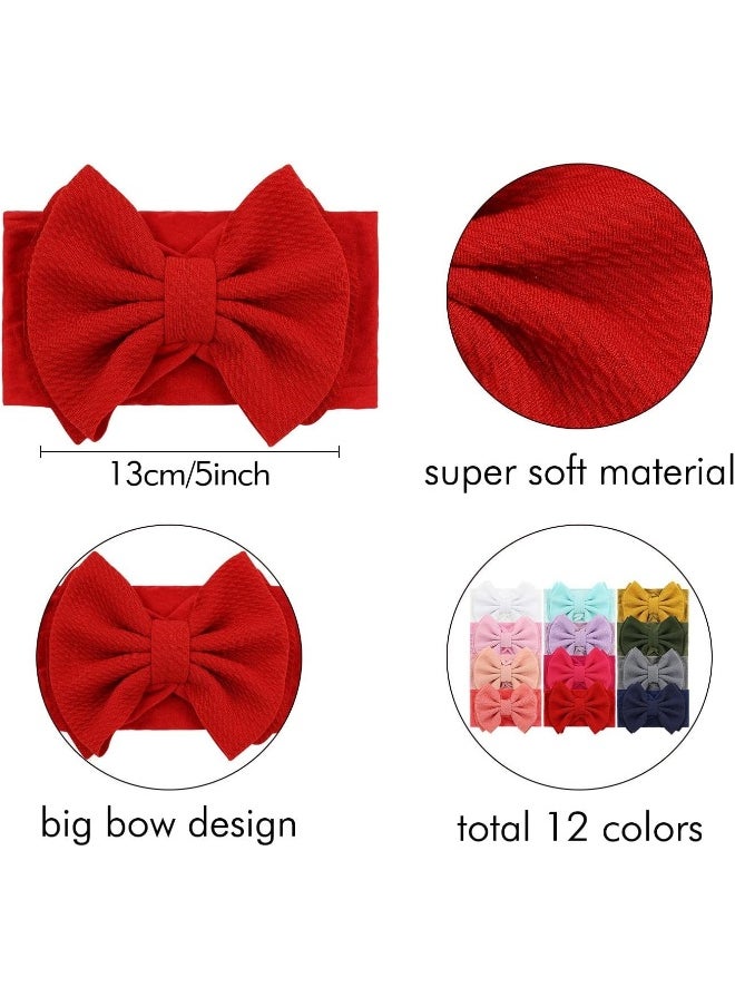 Cinaci 12 Pack Super Stretchy Nylon Headbands with Big Bow Hair Accessories Wide Headwraps for Baby Girls Infants Toddlers Kids
