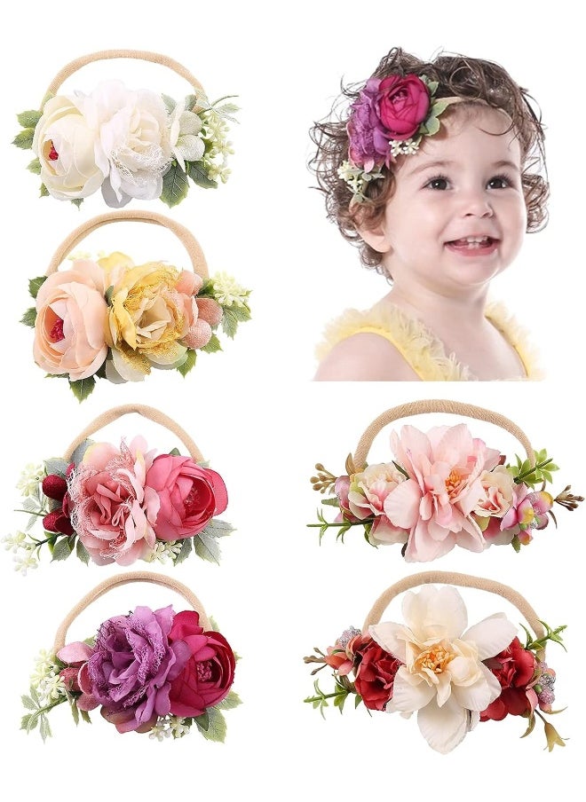 Cinaci 6 Pack Delicate Floral Rose Flower Super Stretchy Nylon Headbands Hair Bands Accessories for Baby Girls Newborns Infants Toddlers Kids