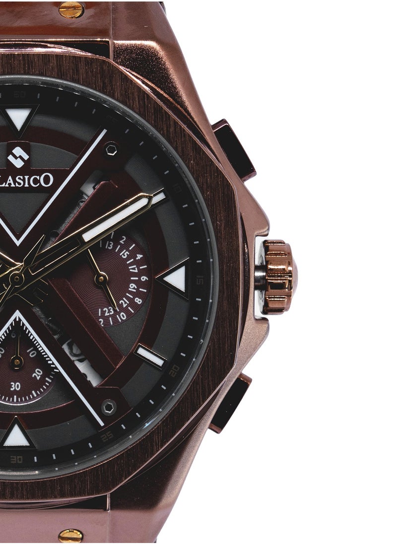 CLASICO Grandeur 6-Hands Chronograph Watch – Bronze Burgundy Edition with Genuine Leather Strap – Elite Y121 Calibre Movement – Waterproof Design