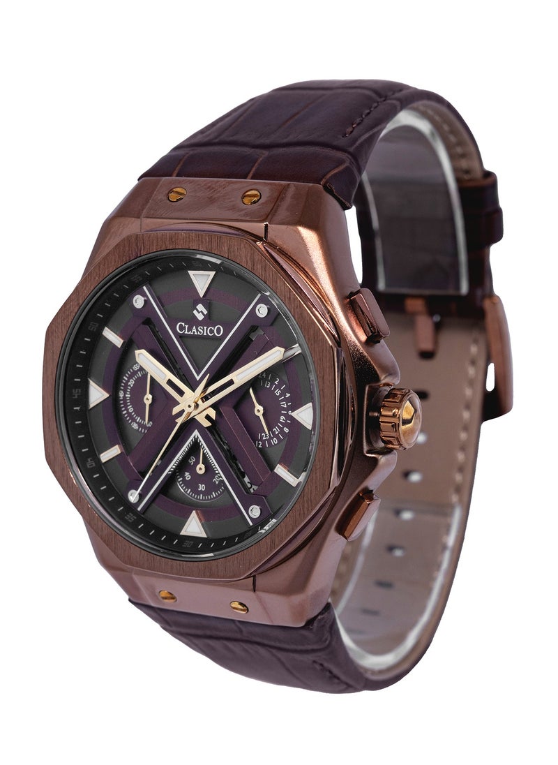 CLASICO Grandeur 6-Hands Chronograph Watch – Bronze Burgundy Edition with Genuine Leather Strap – Elite Y121 Calibre Movement – Waterproof Design