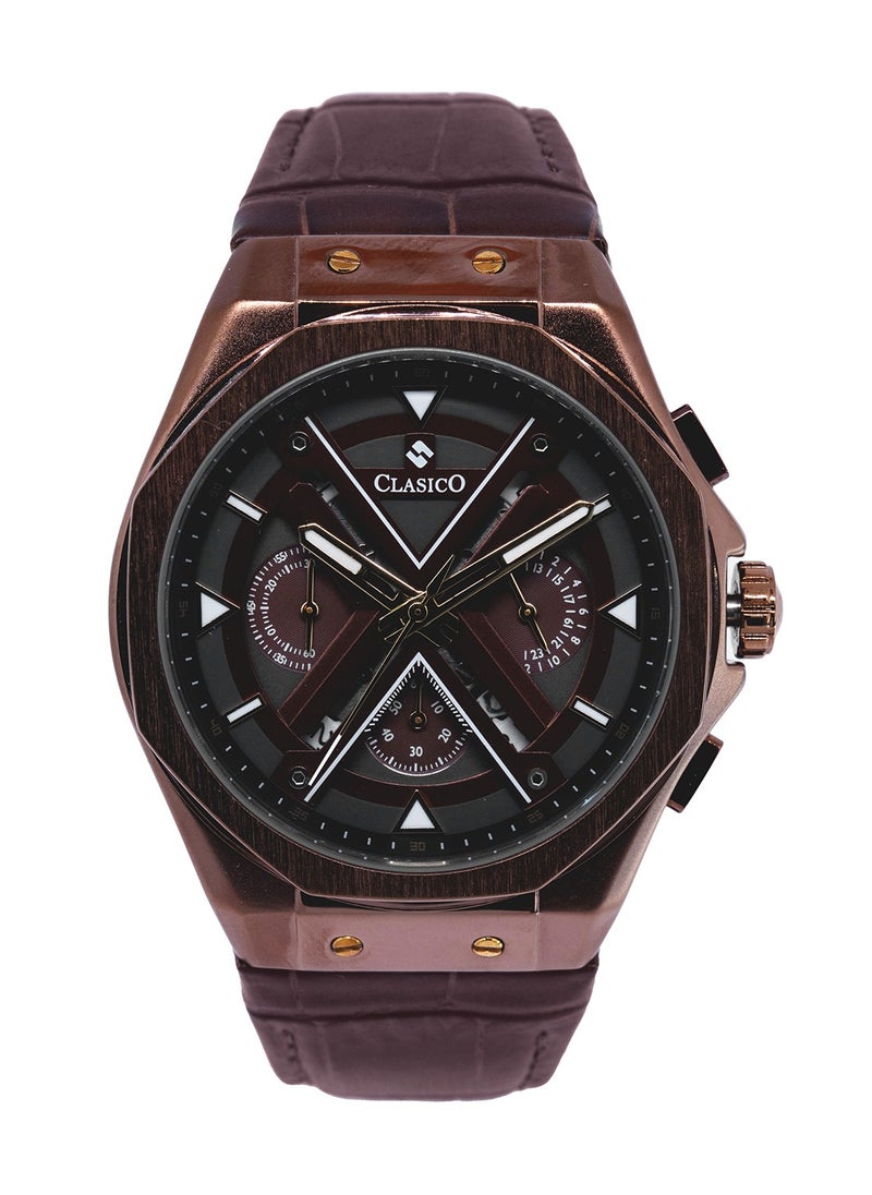 CLASICO Grandeur 6-Hands Chronograph Watch – Bronze Burgundy Edition with Genuine Leather Strap – Elite Y121 Calibre Movement – Waterproof Design