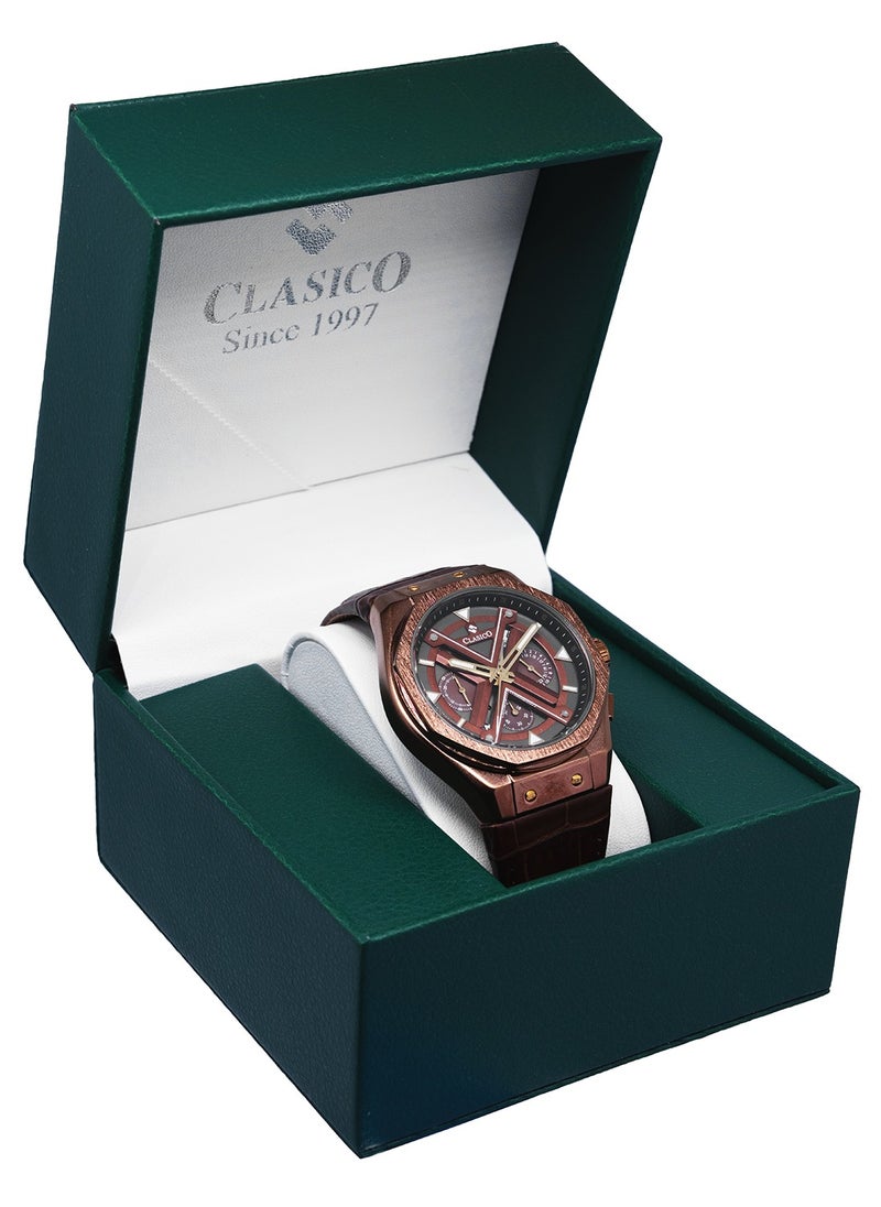 CLASICO Grandeur 6-Hands Chronograph Watch – Bronze Burgundy Edition with Genuine Leather Strap – Elite Y121 Calibre Movement – Waterproof Design