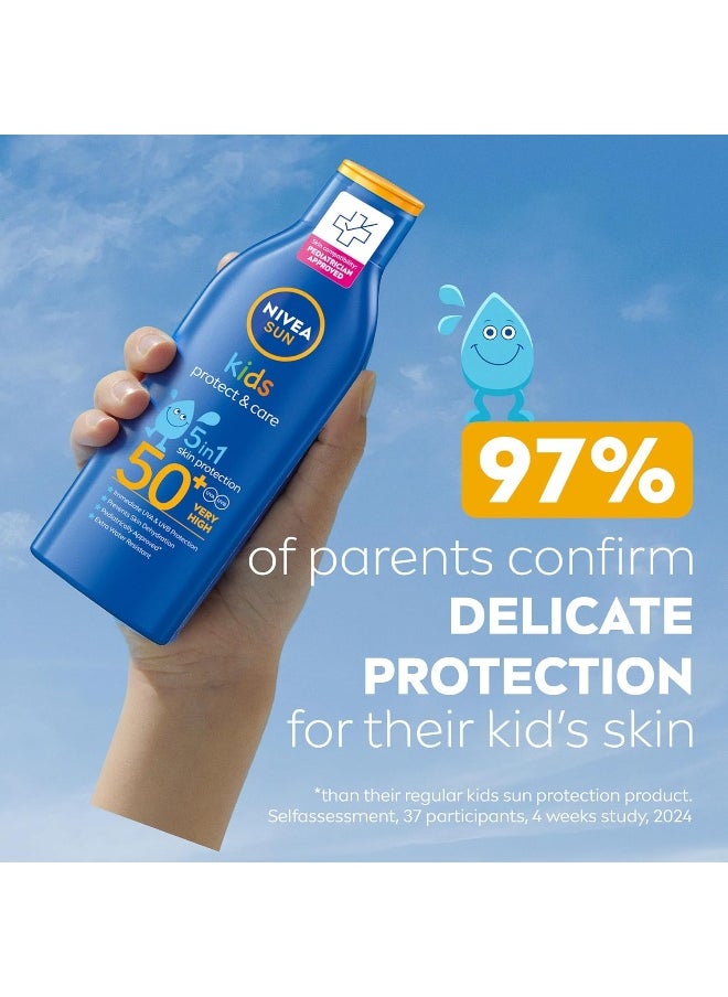 NIVEA SUN Kids Sunscreen Lotion, Protect & Care, SPF 50+, 5in1 Skin Protection, Very High and Immediate UVA & UVB Protection, Extra Water Resistant, 200ml