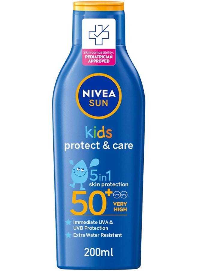 NIVEA SUN Kids Sunscreen Lotion, Protect & Care, SPF 50+, 5in1 Skin Protection, Very High and Immediate UVA & UVB Protection, Extra Water Resistant, 200ml