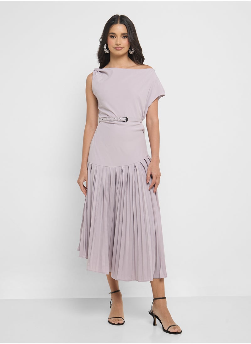 Pleated Dress With Asymmertic Neck