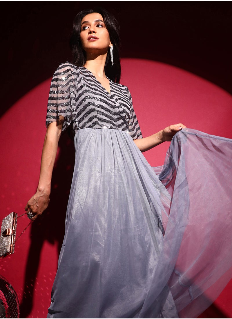 Women's Antique Silver Sequin Block Maxi Dress