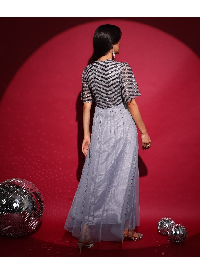 Women's Antique Silver Sequin Block Maxi Dress