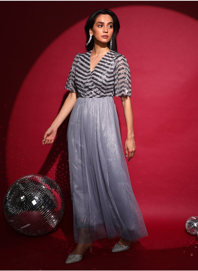 Women's Antique Silver Sequin Block Maxi Dress