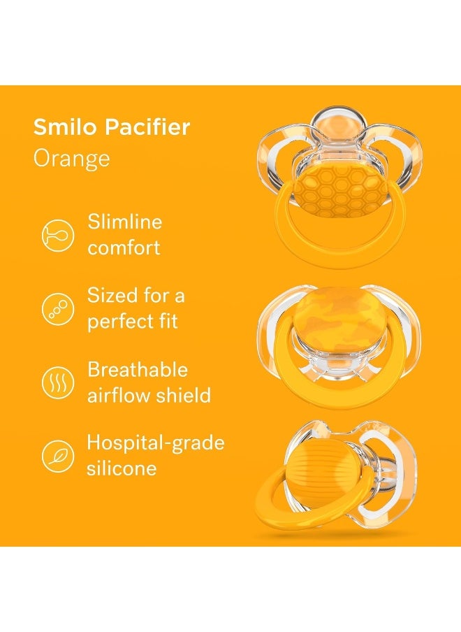 Smilo Orthodontic Pacifier, Expands to Support The Palate During Soothing, Orange, Stage 1 Suitable from 0 to 3 Months (Pack of 3)