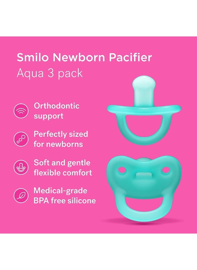 Smilo Newborn Baby Pacifier - 3 Pack of Orthodontic Pacifiers for Babies from 0-2 Months - Expands to Support The Palate During Soothing - BPA-Free - Aqua