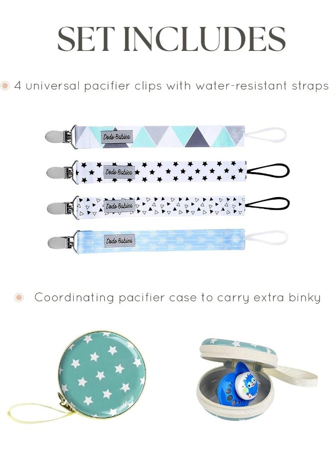 Dodo Babies Pacifier Clip Pack of 4 + Pacifier Case, Premium Quality Modern Designs Universal