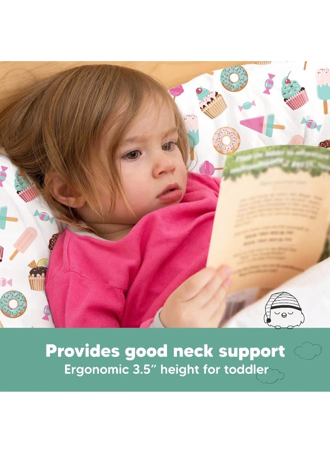 My Little Dreamy Toddler Pillow With Pillowcase - Organic Cotton for Sleeping, Kids, Travel - Mini Bed Pillow (Sweet Tooth)
